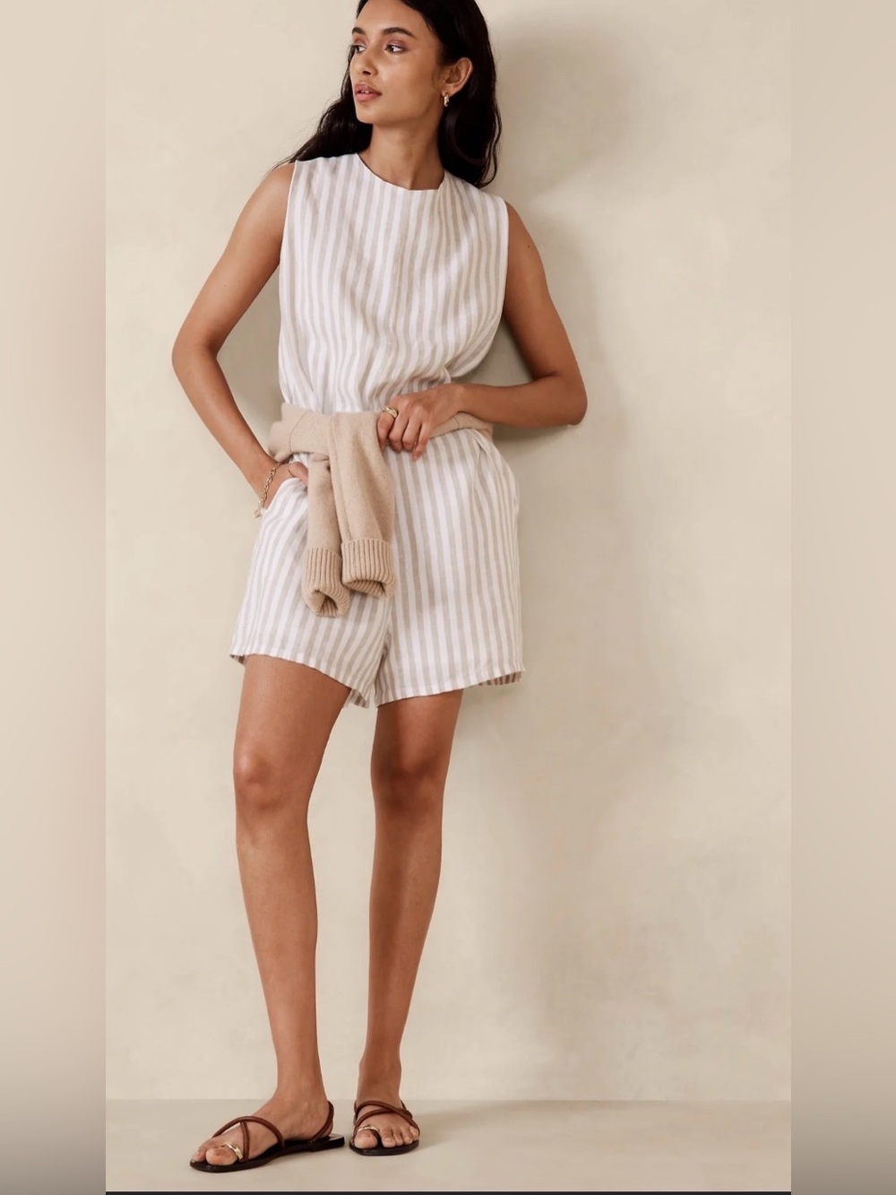 BANANA REPUBLIC Pinnacles Linen Romper, khaki stripe, S
